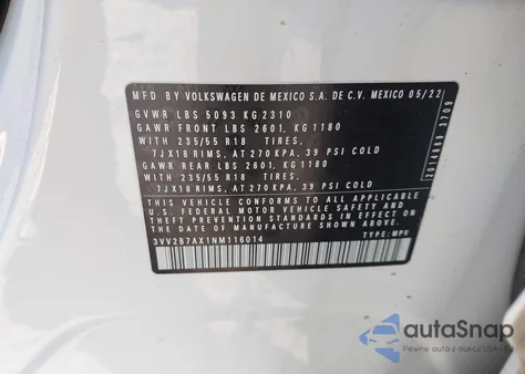 2022 Volkswagen Tiguan 2.0T Se from USA, damaged, VIN 3VV2B7AX1NM116014